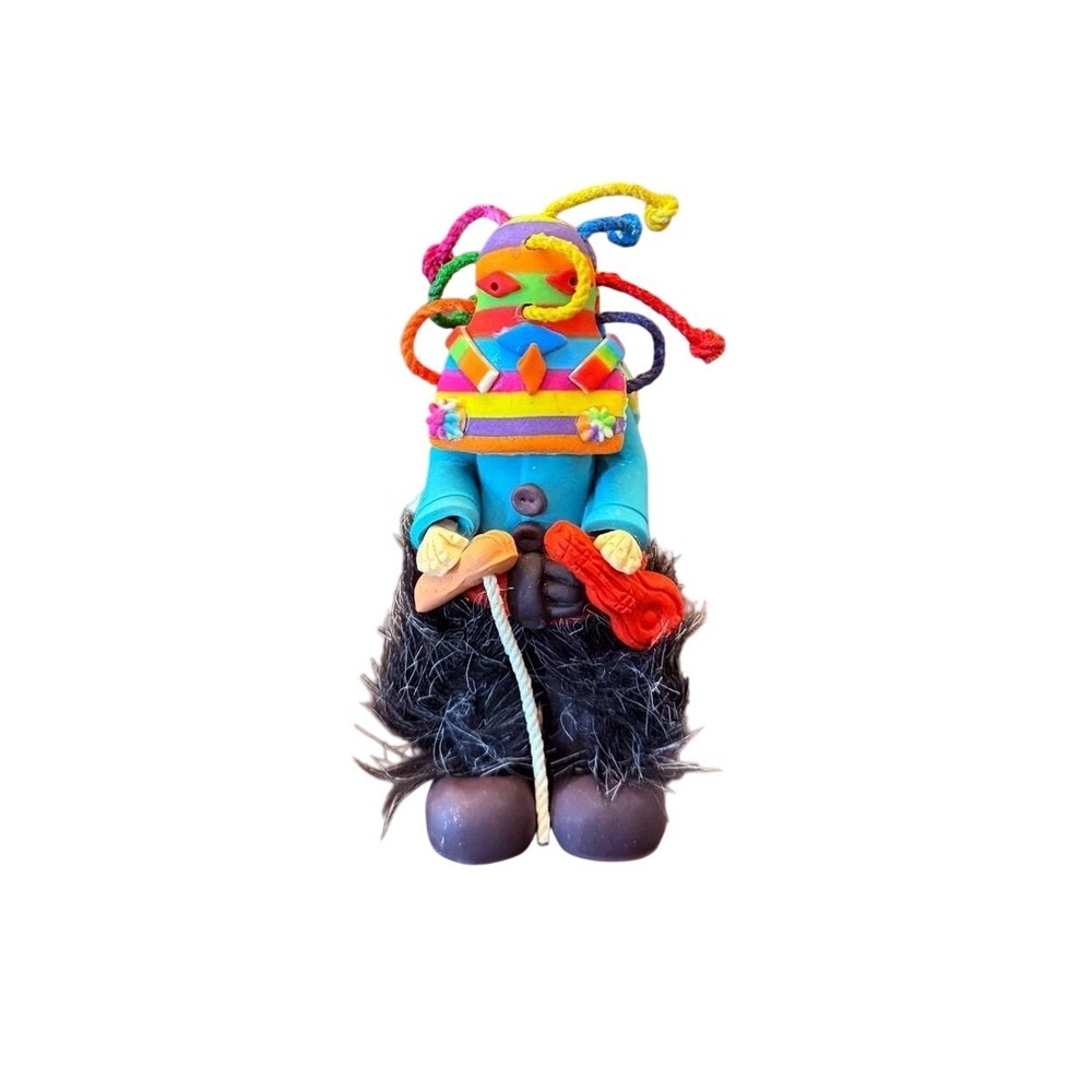 Handmade Polymer Clay Rainbow‎ Kachina Doll Figurine with Guitar and Faux Fur